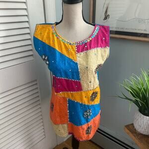 PRAGATI Kurti Tunic Womens 45 US XL Colorful Patchwork Sequin Bohemian Party